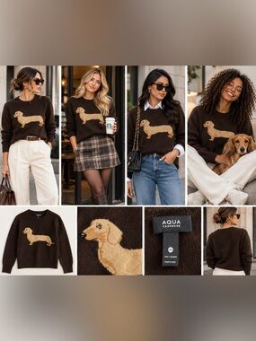 Aqua Brown Cashmere Crewneck Sweater with Tan Dachshund Intarsia